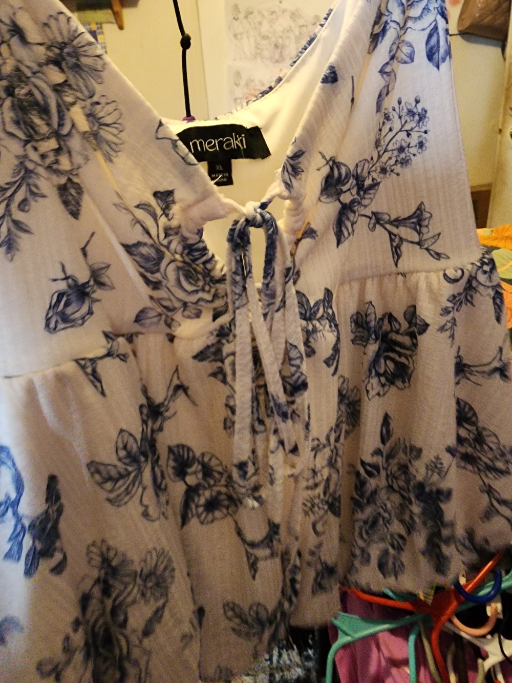 Meraki Women's Blue Floral Tie-Front Peasant Top